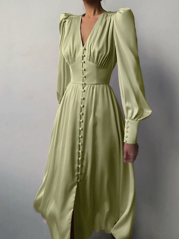 Satin Solid Balloon Sleeve V Neck Midi Dress-thevervian