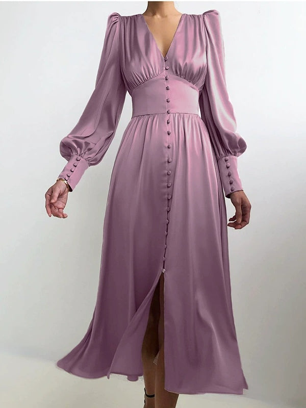 Satin Solid Balloon Sleeve V Neck Midi Dress-thevervian