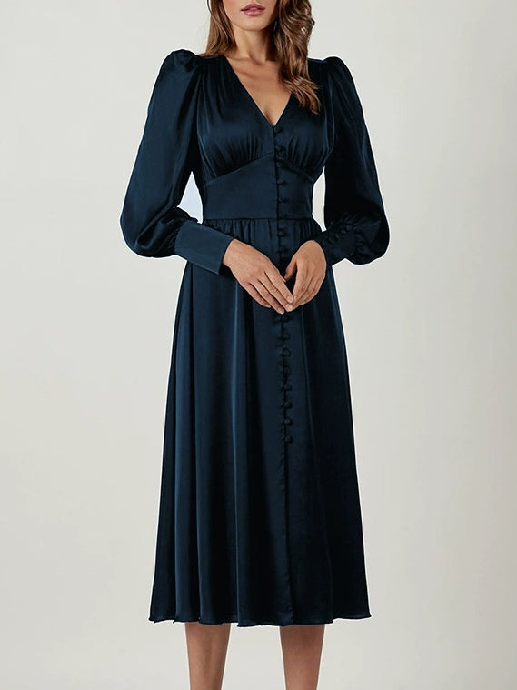 Satin Solid Balloon Sleeve V Neck Midi Dress-thevervian