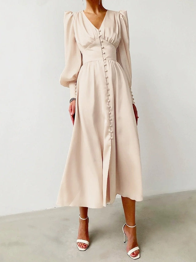 Satin Solid Balloon Sleeve V Neck Midi Dress-thevervian