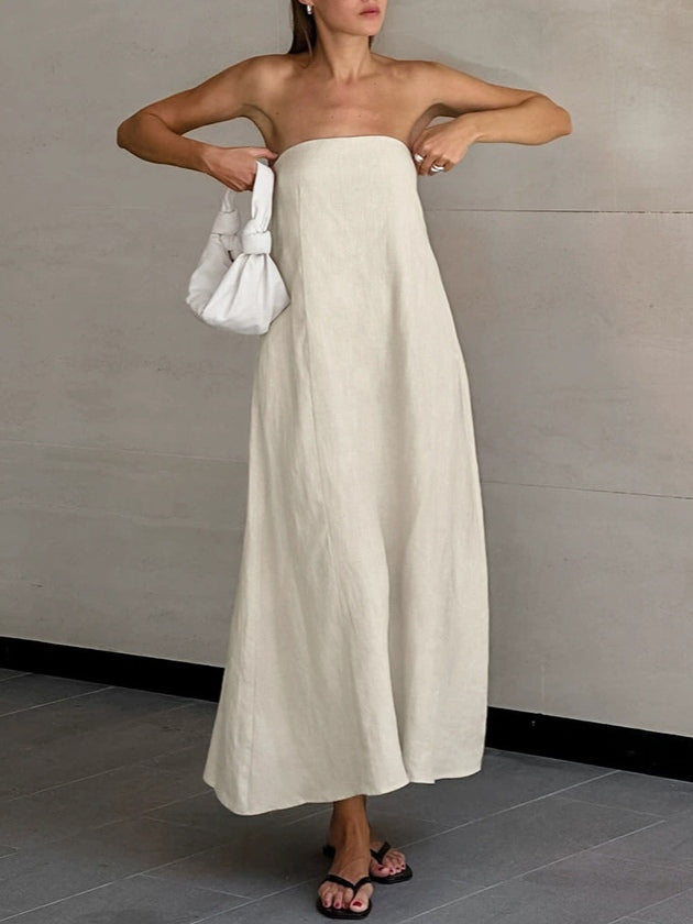 Strapless A-line Linen Long Dress-thevervian