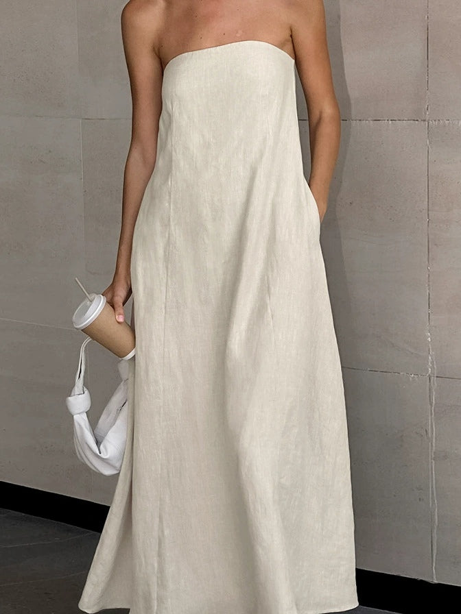 Strapless A-line Linen Long Dress-thevervian