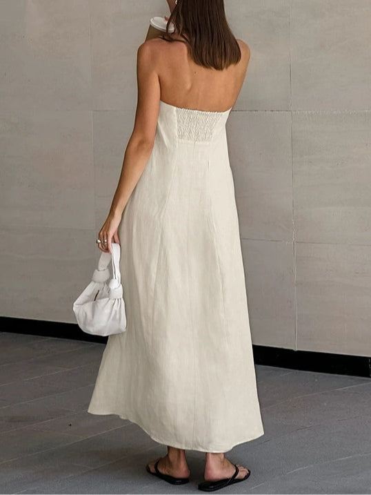 Strapless A-line Linen Long Dress-thevervian