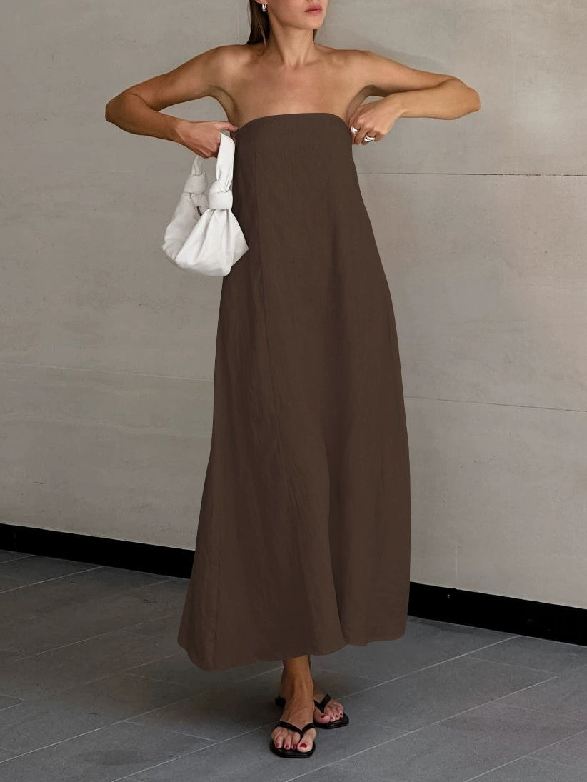 Strapless A-line Linen Long Dress-thevervian