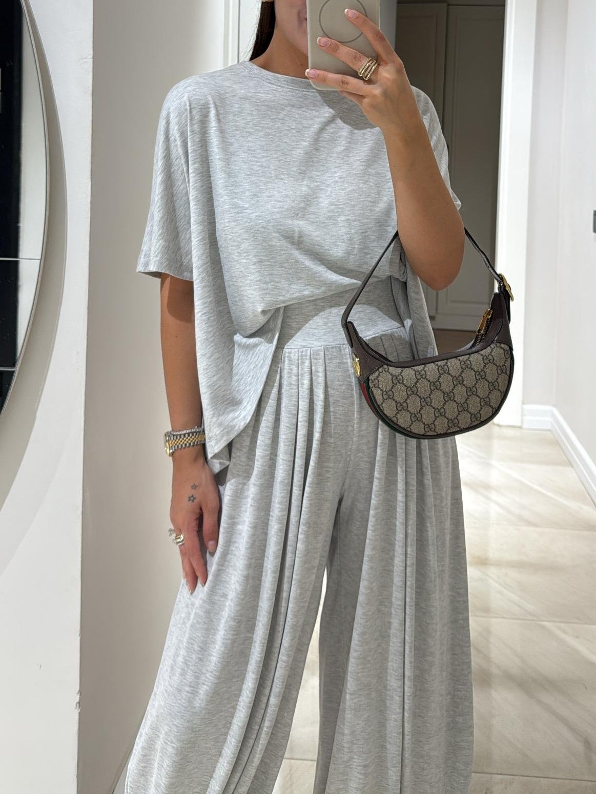 Light Grey Casual Top and Wide-leg Pants Set-thevervian