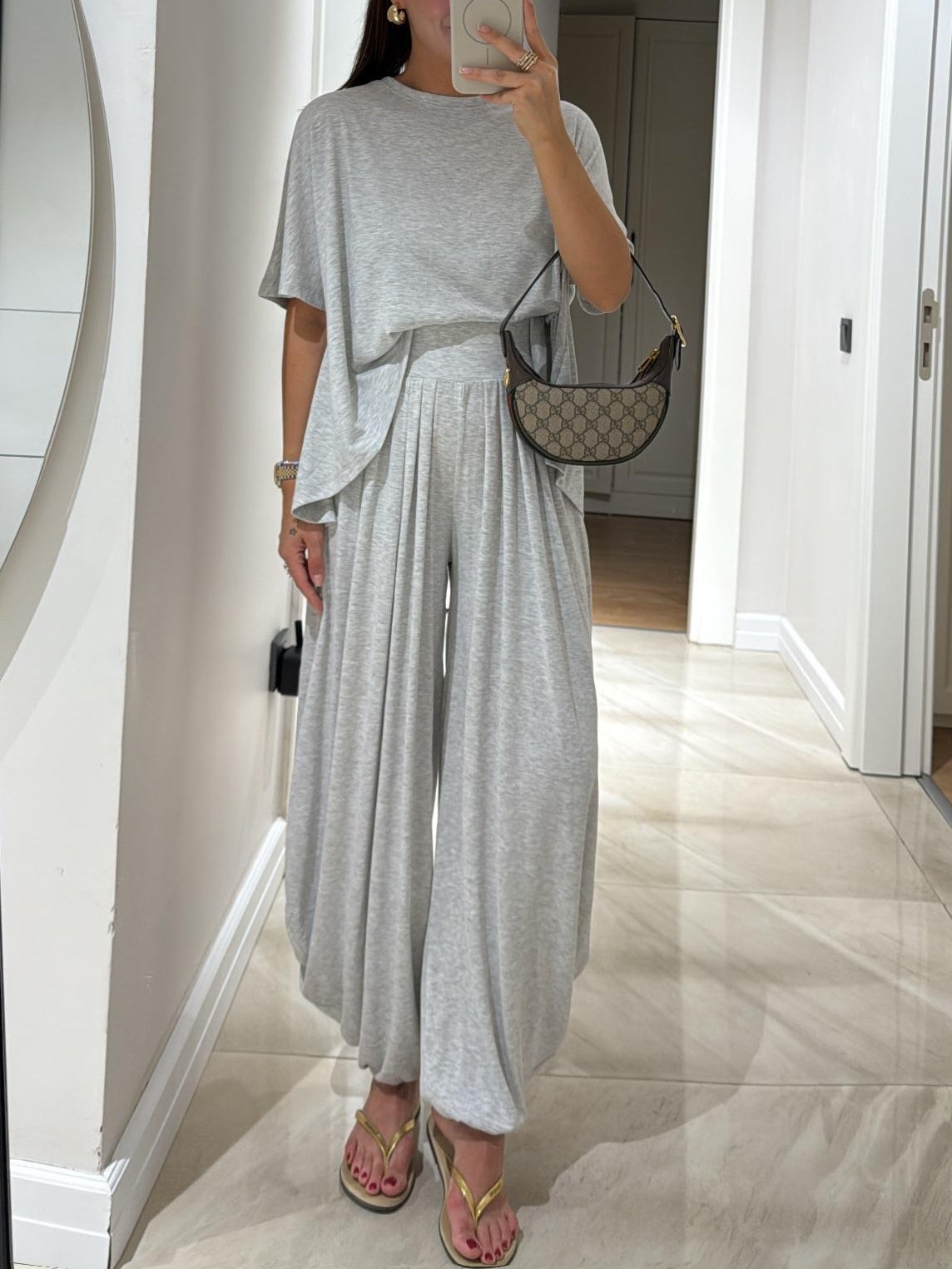 Light Grey Casual Top and Wide-leg Pants Set-thevervian