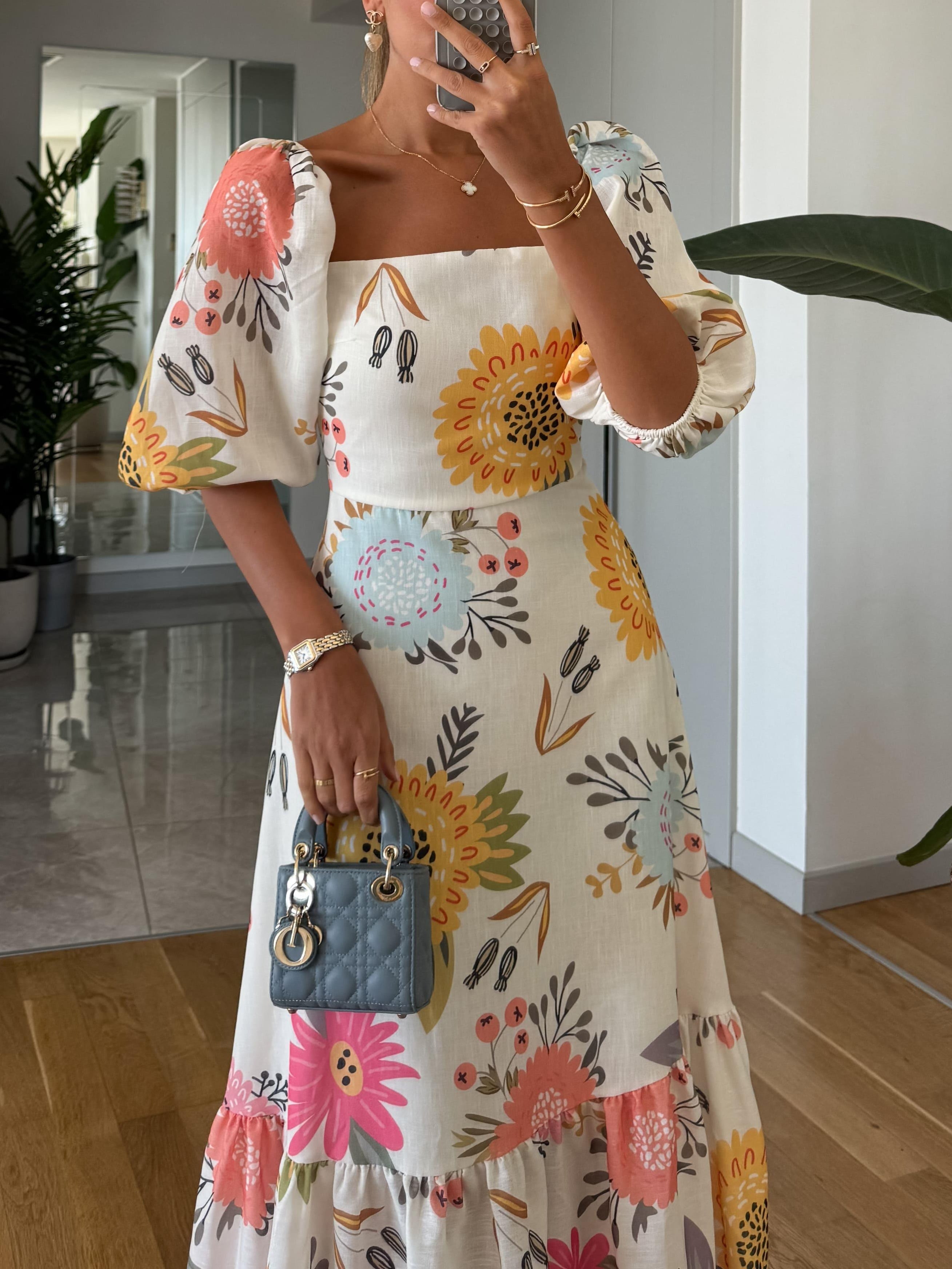 Square Neck Floral Print Puff Sleeve Midi Dress-thevervian