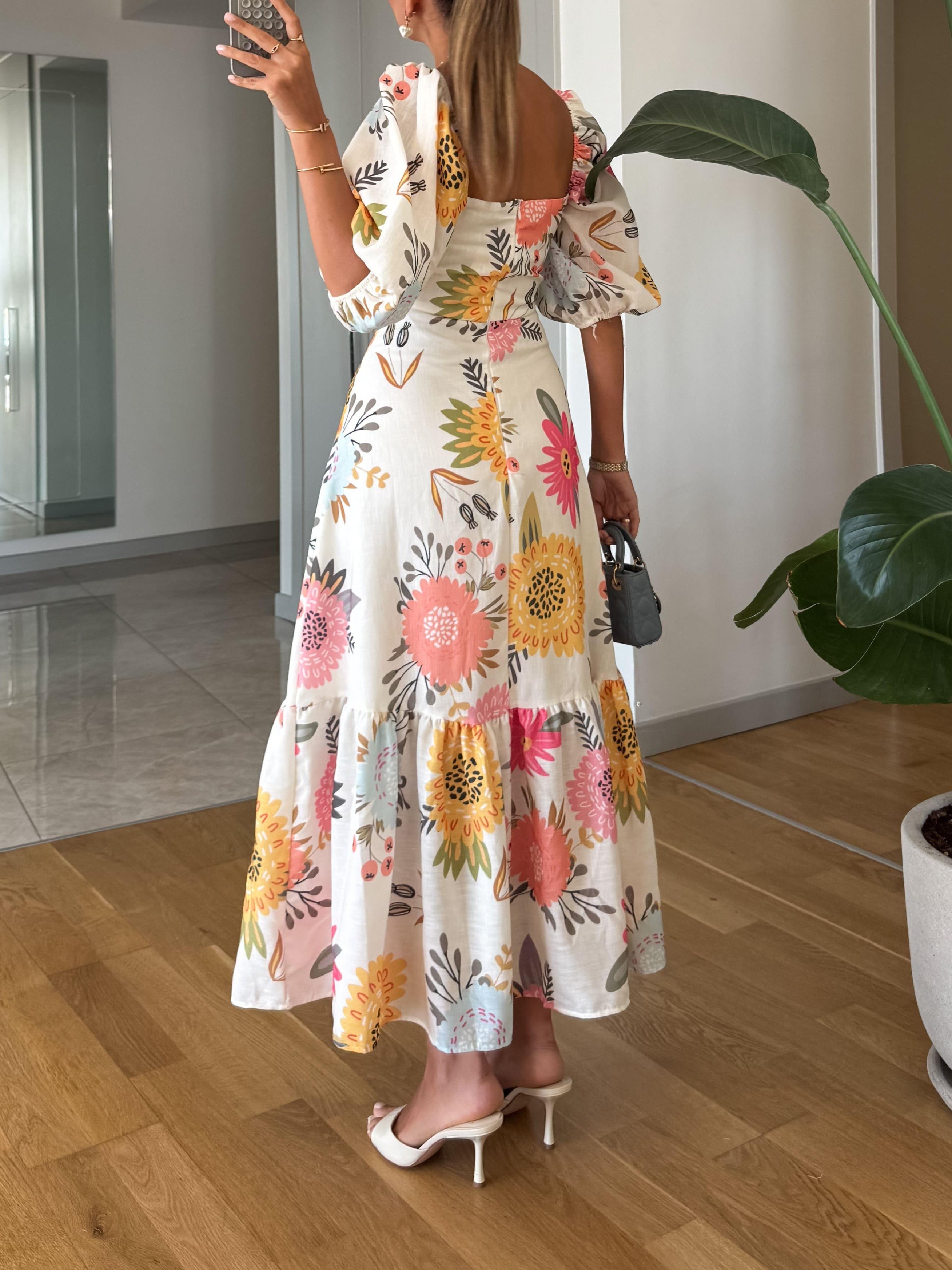Square Neck Floral Print Puff Sleeve Midi Dress-thevervian