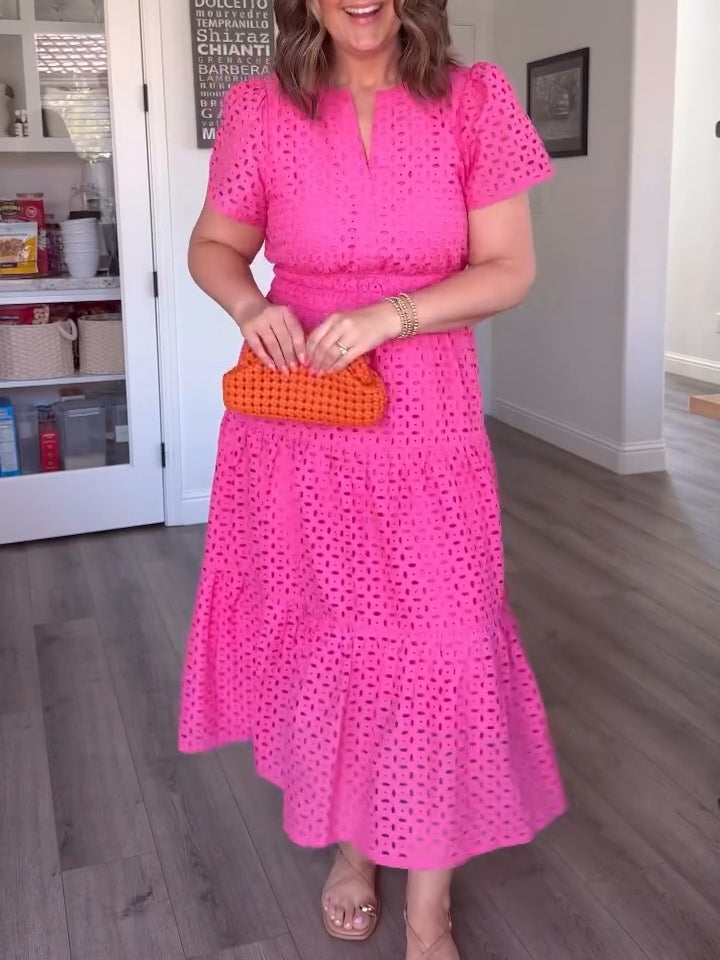 Cotton Casual Short Sleeve Hollow Pocket Midi Dress-thevervian