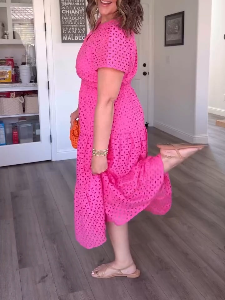 Cotton Casual Short Sleeve Hollow Pocket Midi Dress-thevervian