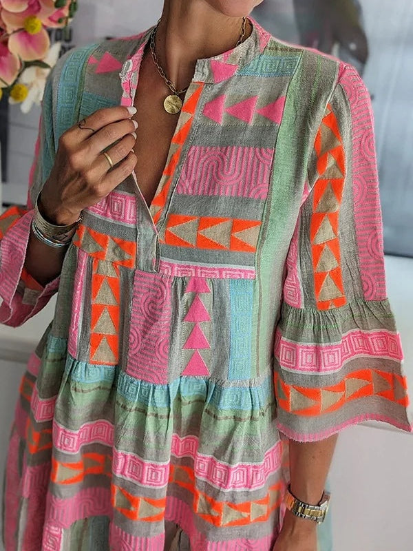 Elegant Patchwork Printed V-neck Three-quarter Sleeve Dress-thevervian
