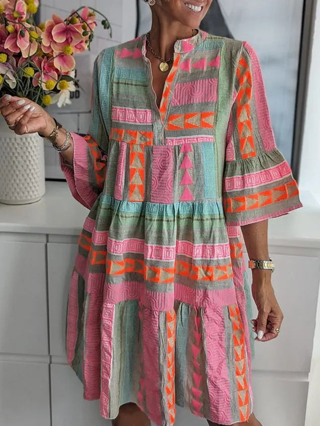 Elegant Patchwork Printed V-neck Three-quarter Sleeve Dress-thevervian