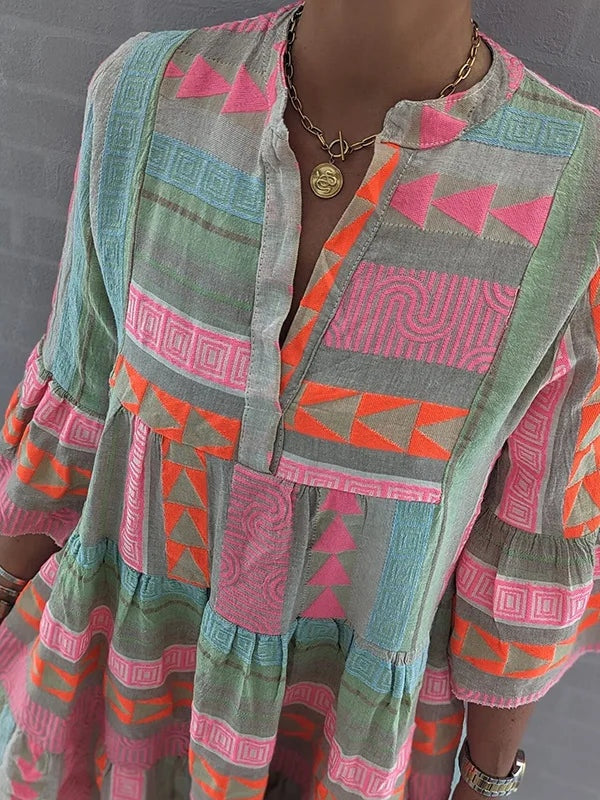 Elegant Patchwork Printed V-neck Three-quarter Sleeve Dress-thevervian