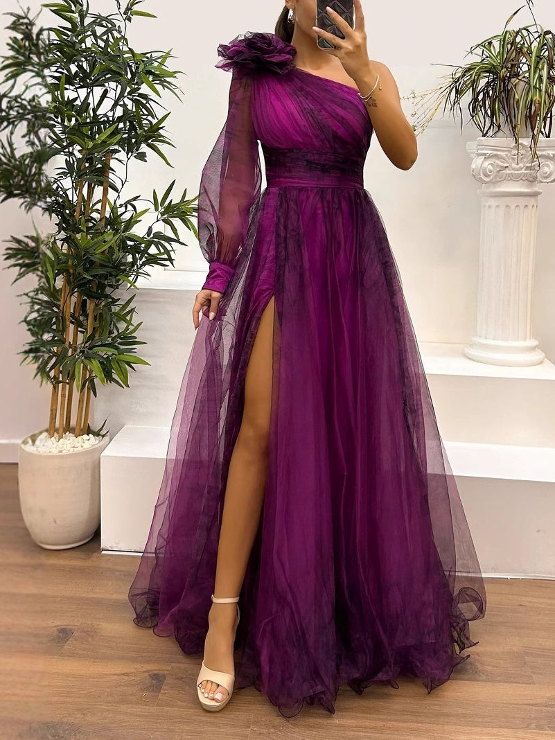 One Shoulder Mesh Abstract Gradient Print Maxi Dress-thevervian