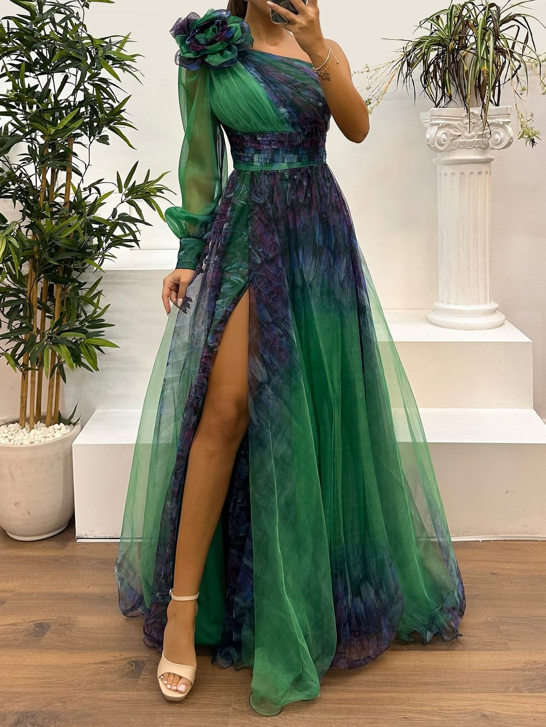 One Shoulder Mesh Abstract Gradient Print Maxi Dress-thevervian