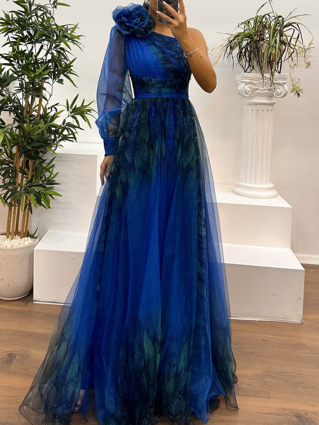 One Shoulder Mesh Abstract Gradient Print Maxi Dress-thevervian