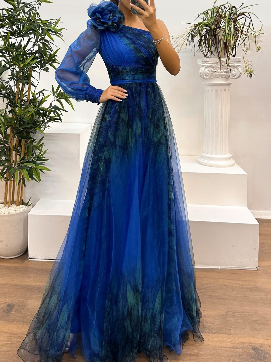 One Shoulder Mesh Abstract Gradient Print Maxi Dress-thevervian