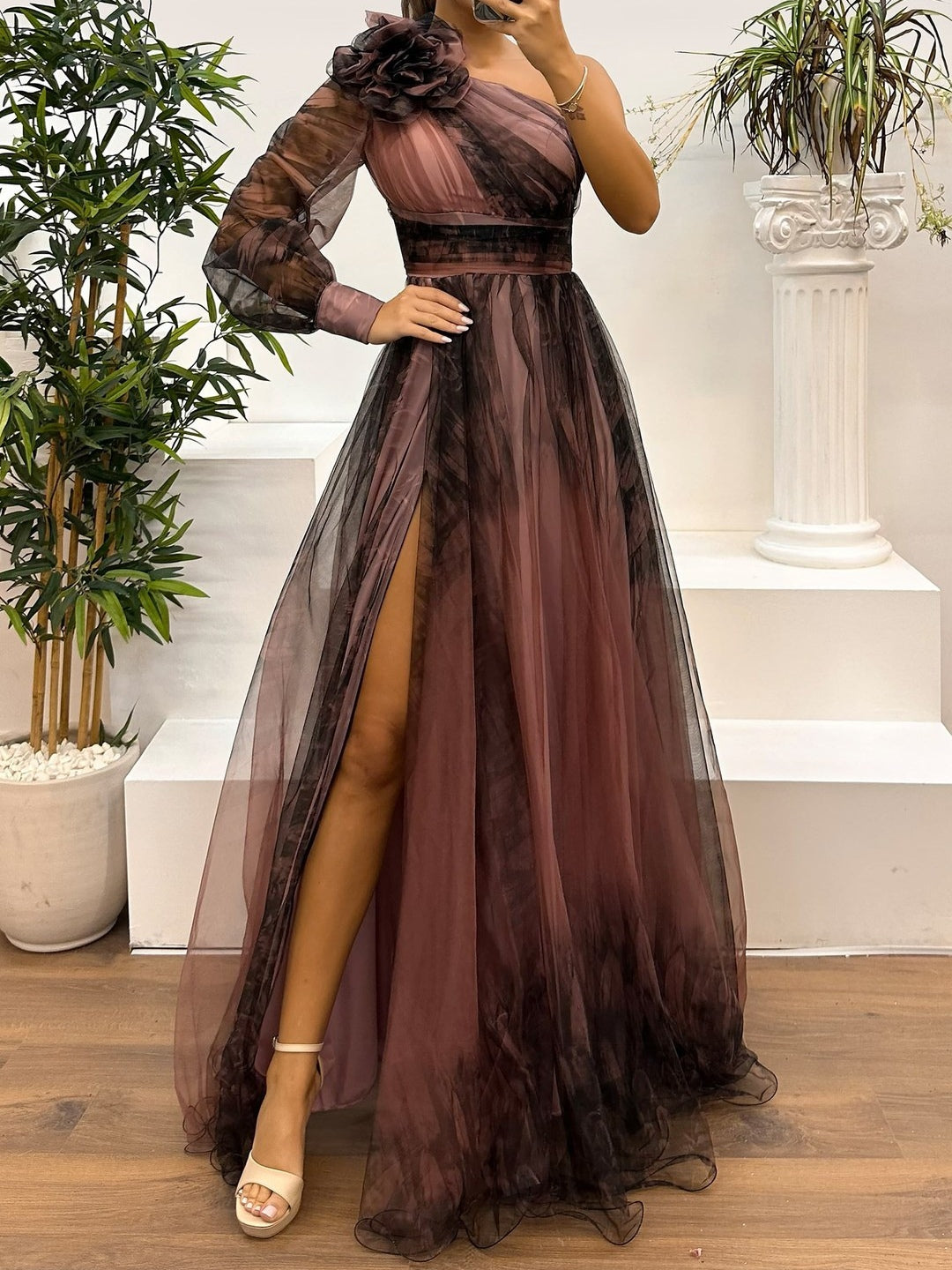 One Shoulder Mesh Abstract Gradient Print Maxi Dress-thevervian