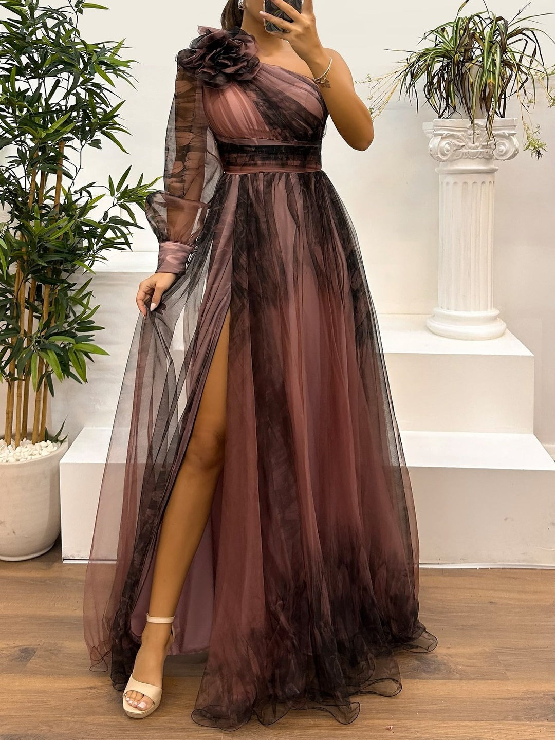 One Shoulder Mesh Abstract Gradient Print Maxi Dress-thevervian