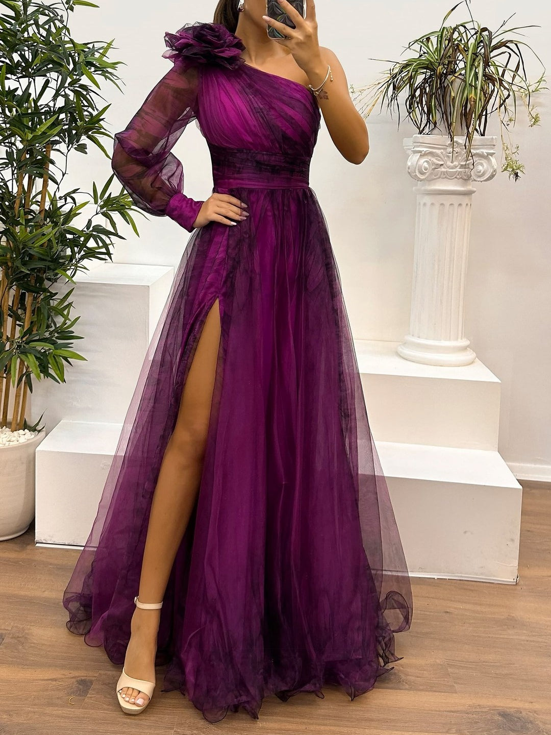 One Shoulder Mesh Abstract Gradient Print Maxi Dress-thevervian