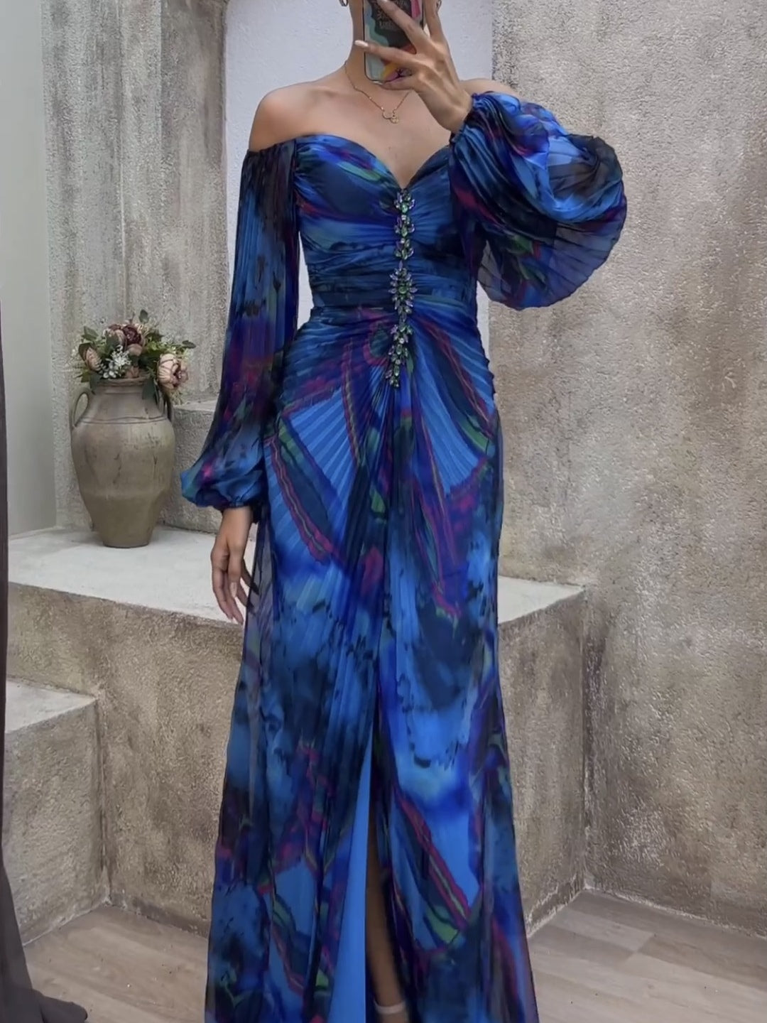 Off-the-shoulder Diamond-embellished Pleated Fitted Slit Maxi Dress-thevervian