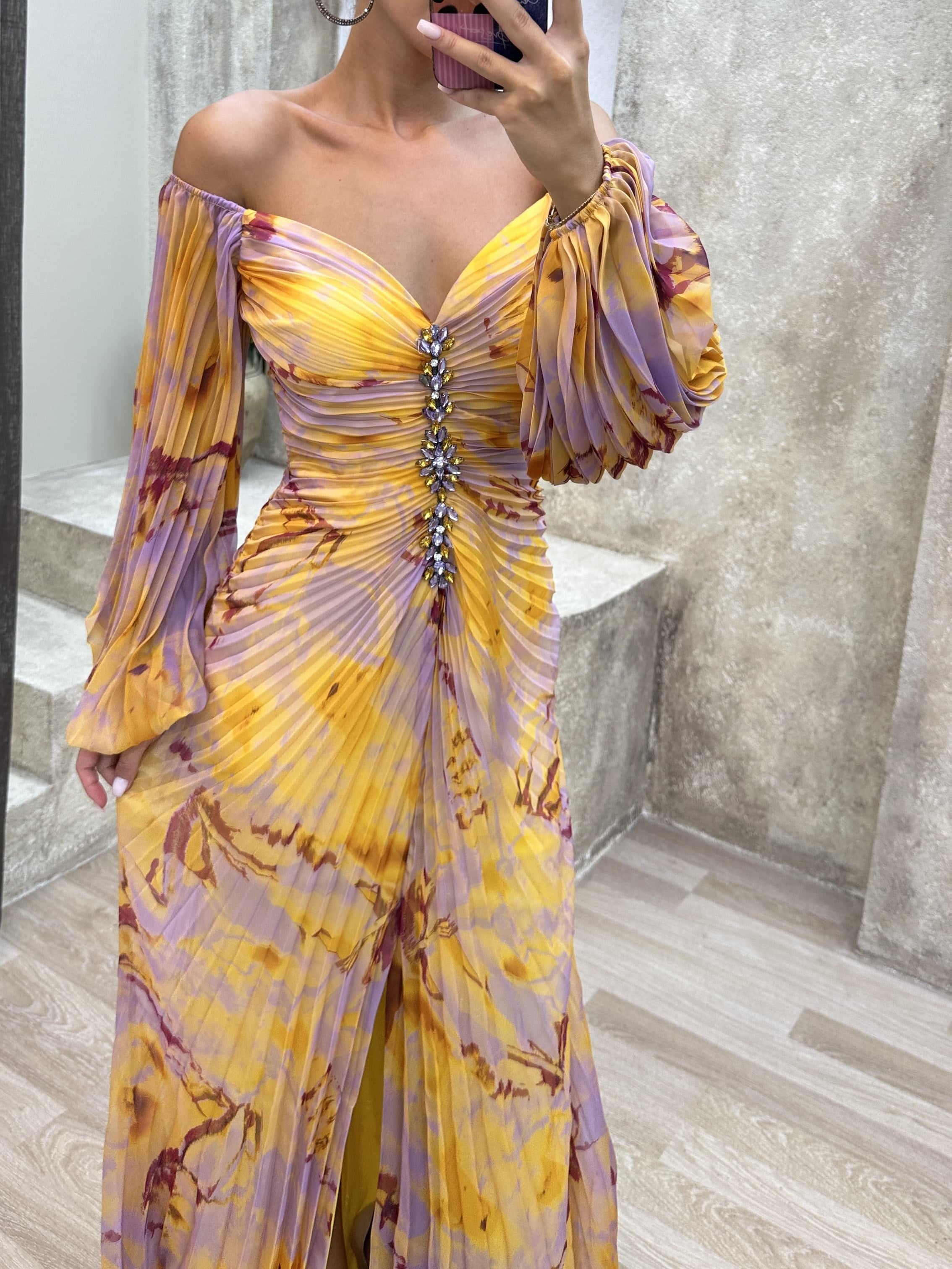 Off-the-shoulder Diamond-embellished Pleated Fitted Slit Maxi Dress-thevervian