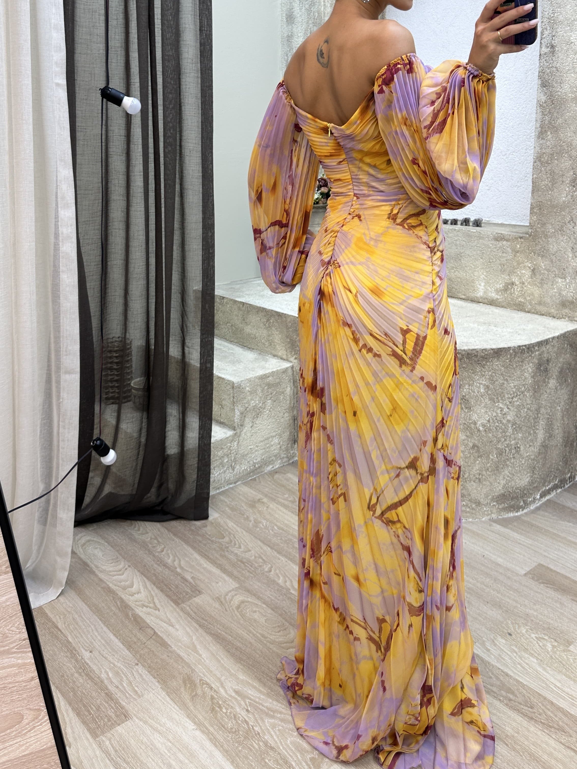 Off-the-shoulder Diamond-embellished Pleated Fitted Slit Maxi Dress-thevervian