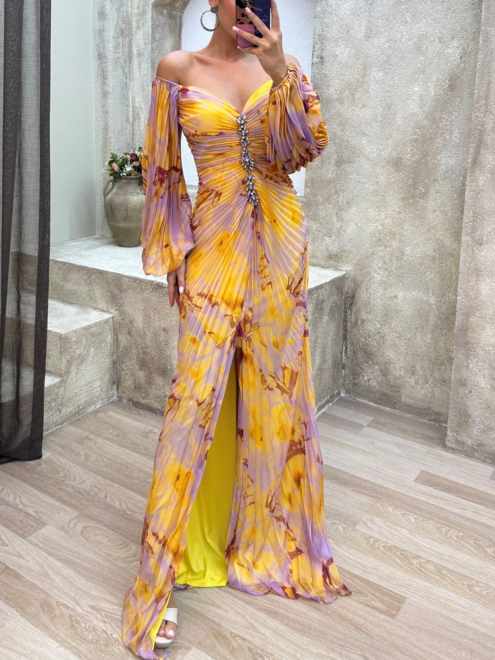 Off-the-shoulder Diamond-embellished Pleated Fitted Slit Maxi Dress-thevervian