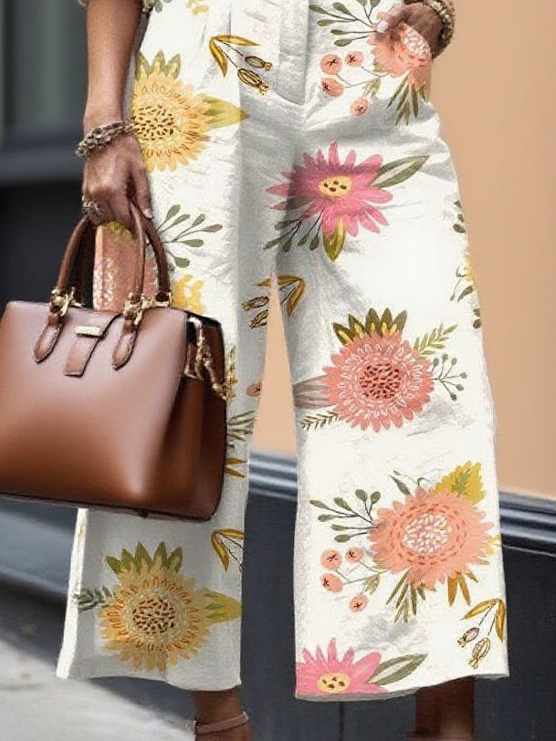 Floral Capri Pants and Loose Shirt Linen Set-thevervian