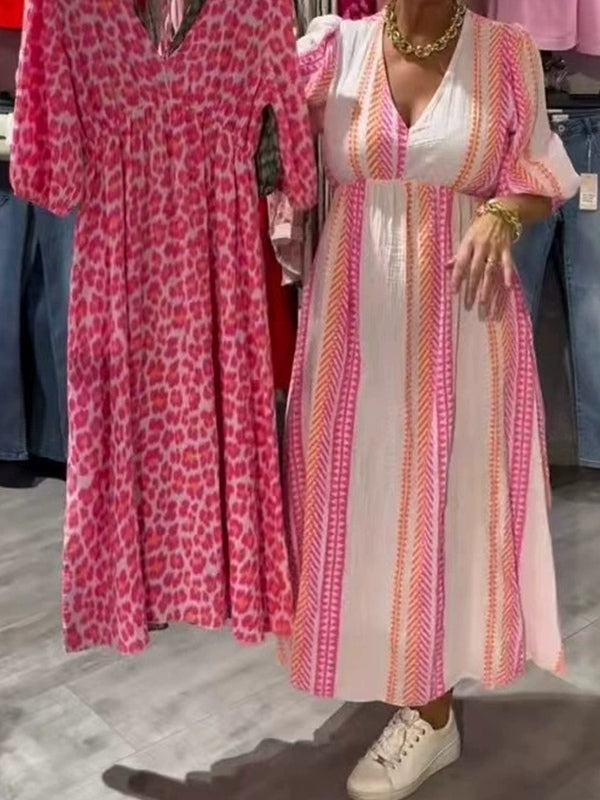 Elegant Pink Striped Floral Print Deep V Dress-thevervian