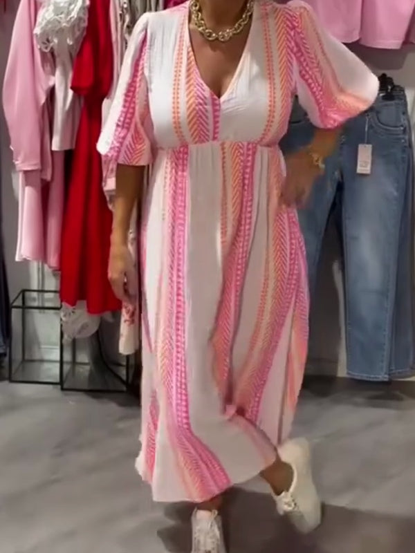 Elegant Pink Striped Floral Print Deep V Dress-thevervian