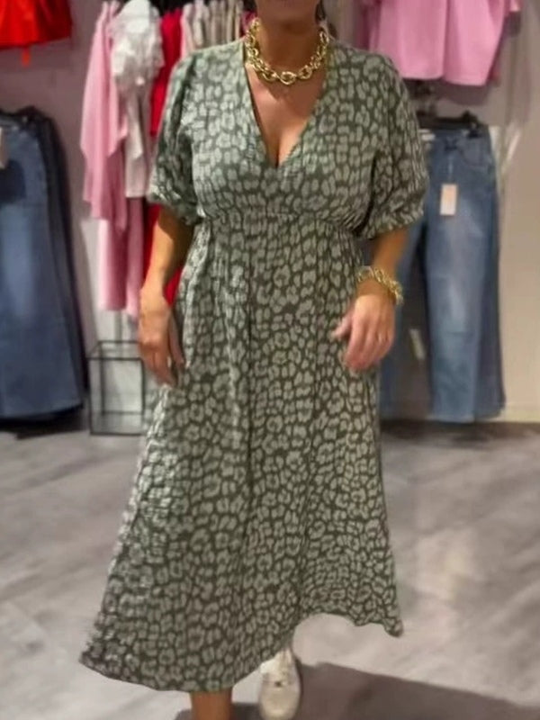 Elegant Pink Striped Floral Print Deep V Dress-thevervian