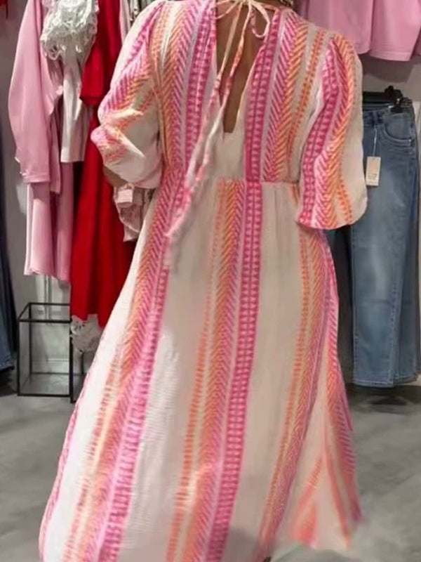 Elegant Pink Striped Floral Print Deep V Dress-thevervian