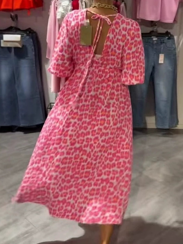 Elegant Pink Striped Floral Print Deep V Dress-thevervian