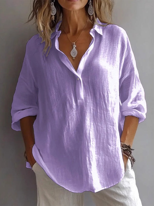 Casual Loose Long Sleeve Linen V-Neck Shirt-thevervian