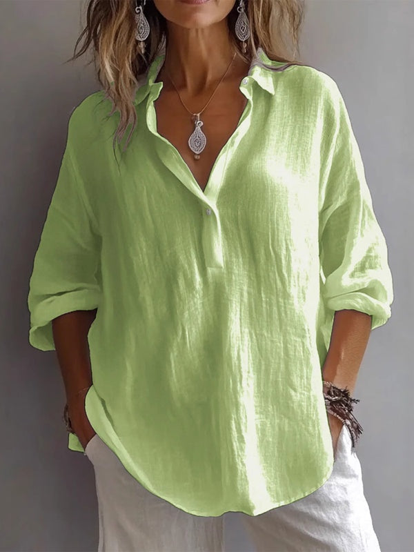 Casual Loose Long Sleeve Linen V-Neck Shirt-thevervian