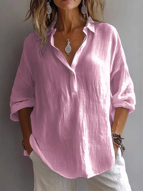 Casual Loose Long Sleeve Linen V-Neck Shirt-thevervian