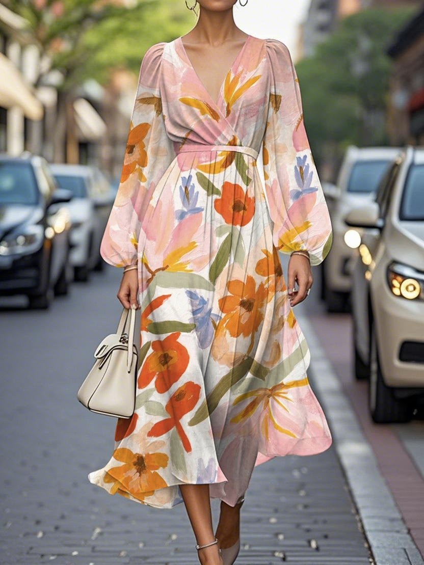 Elegant Floral V-neck Chiffon Pleated Midi Dress-thevervian
