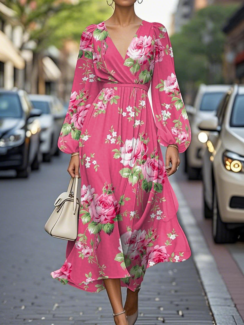 Elegant Floral V-neck Chiffon Pleated Midi Dress-thevervian