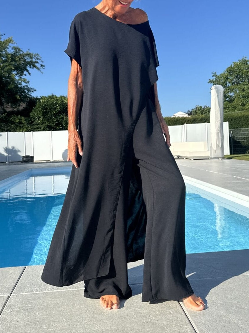 Breathable Wide-leg Pants and Tapered Long Short-sleeved Top Set-thevervian