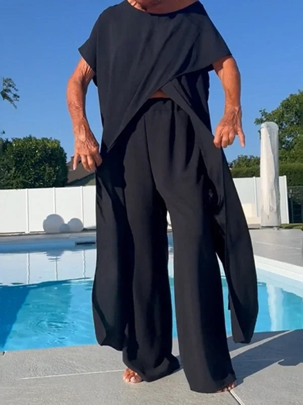 Breathable Wide-leg Pants and Tapered Long Short-sleeved Top Set-thevervian
