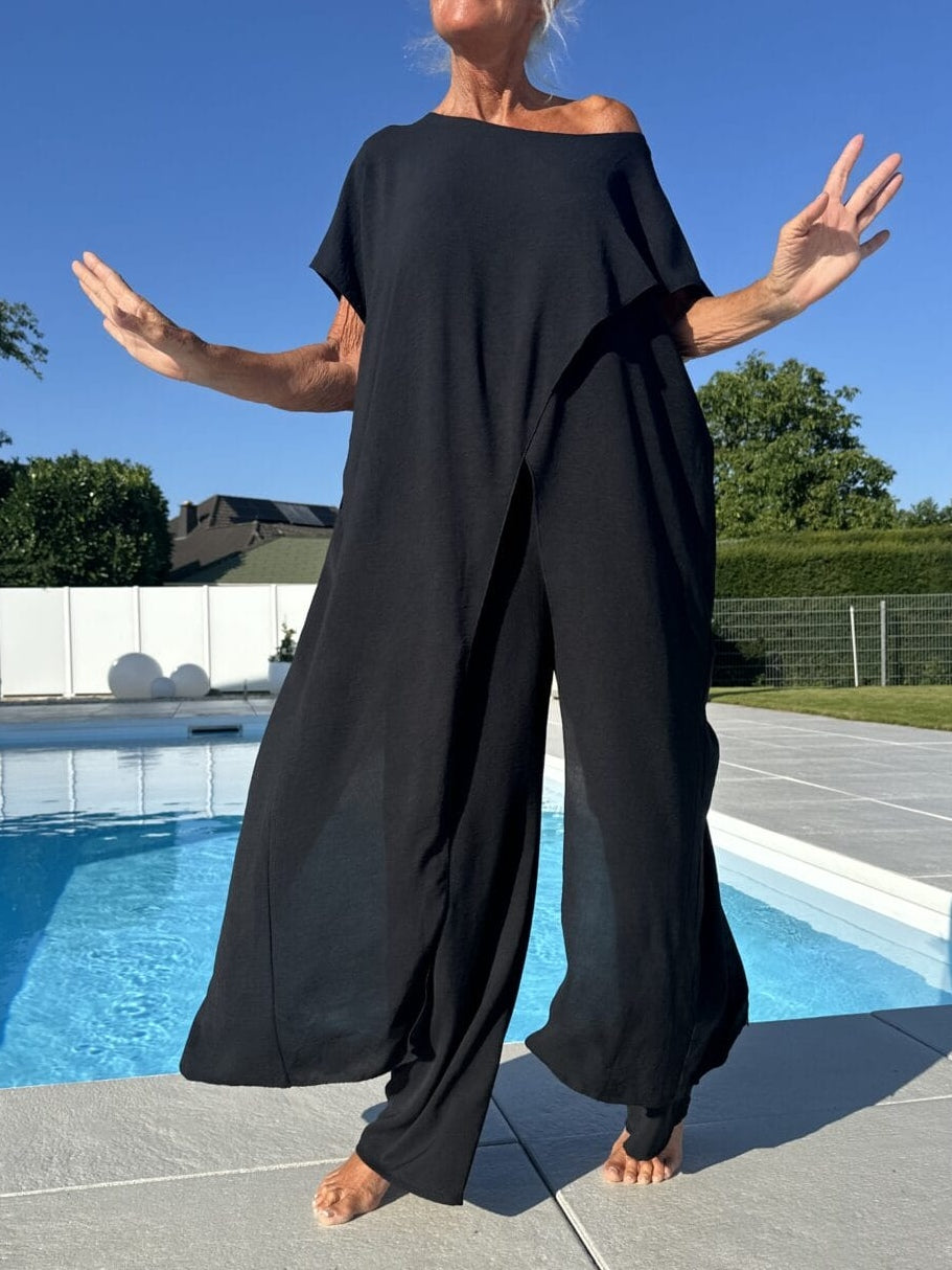 Breathable Wide-leg Pants and Tapered Long Short-sleeved Top Set-thevervian