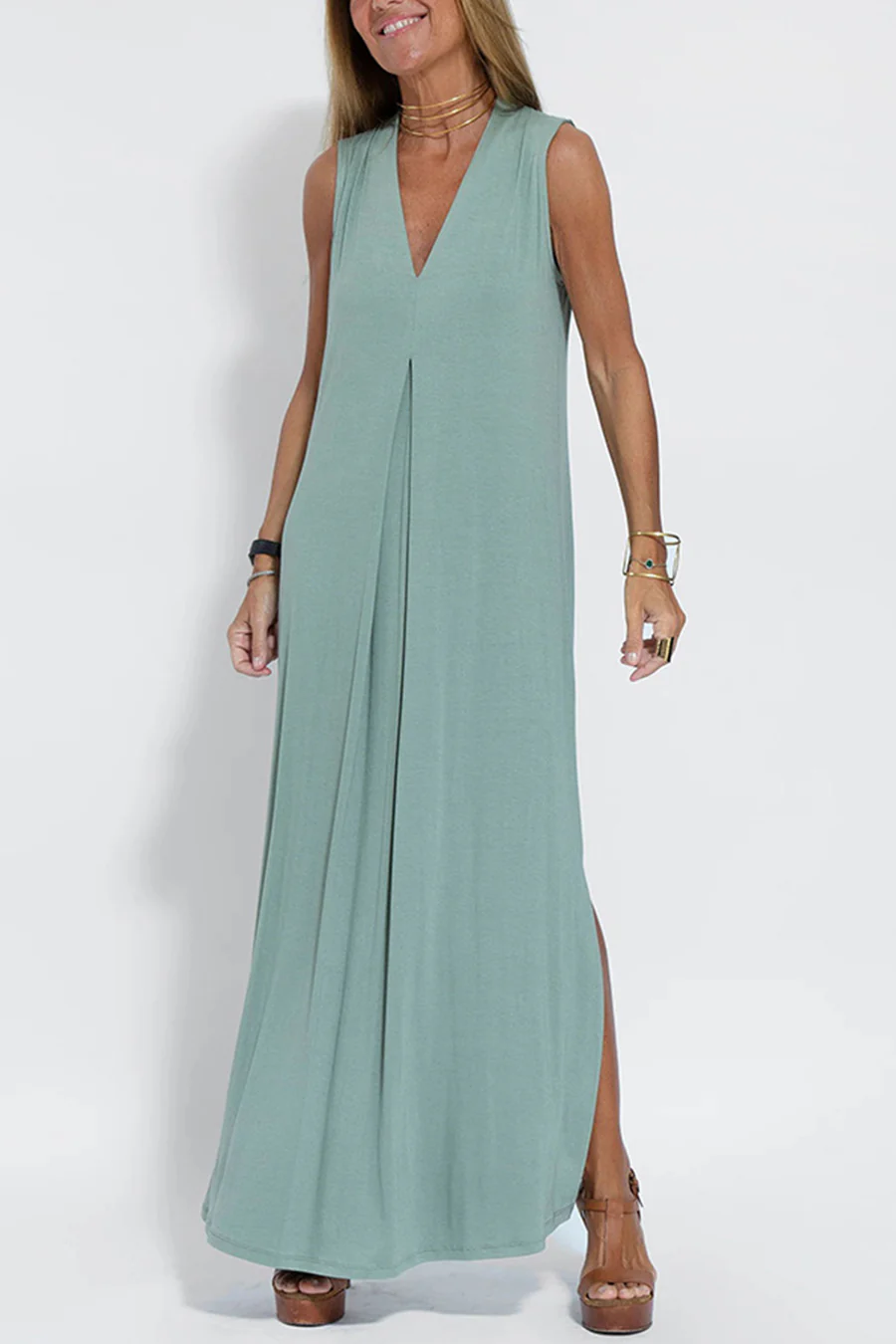 Solid Color Sleeveless Maxi Dress-thevervian