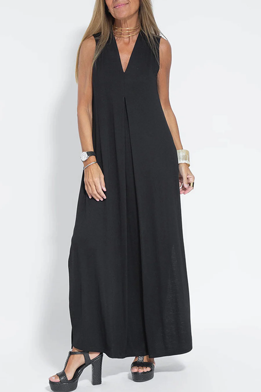Solid Color Sleeveless Maxi Dress-thevervian