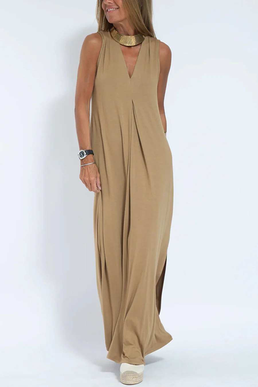 Solid Color Sleeveless Maxi Dress-thevervian