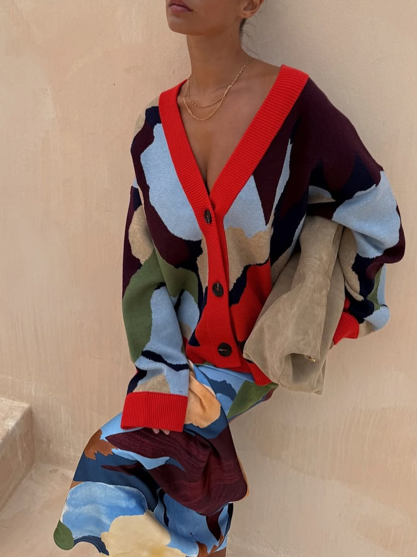 Abstract Geometric Pattern Knitted Jacket-thevervian