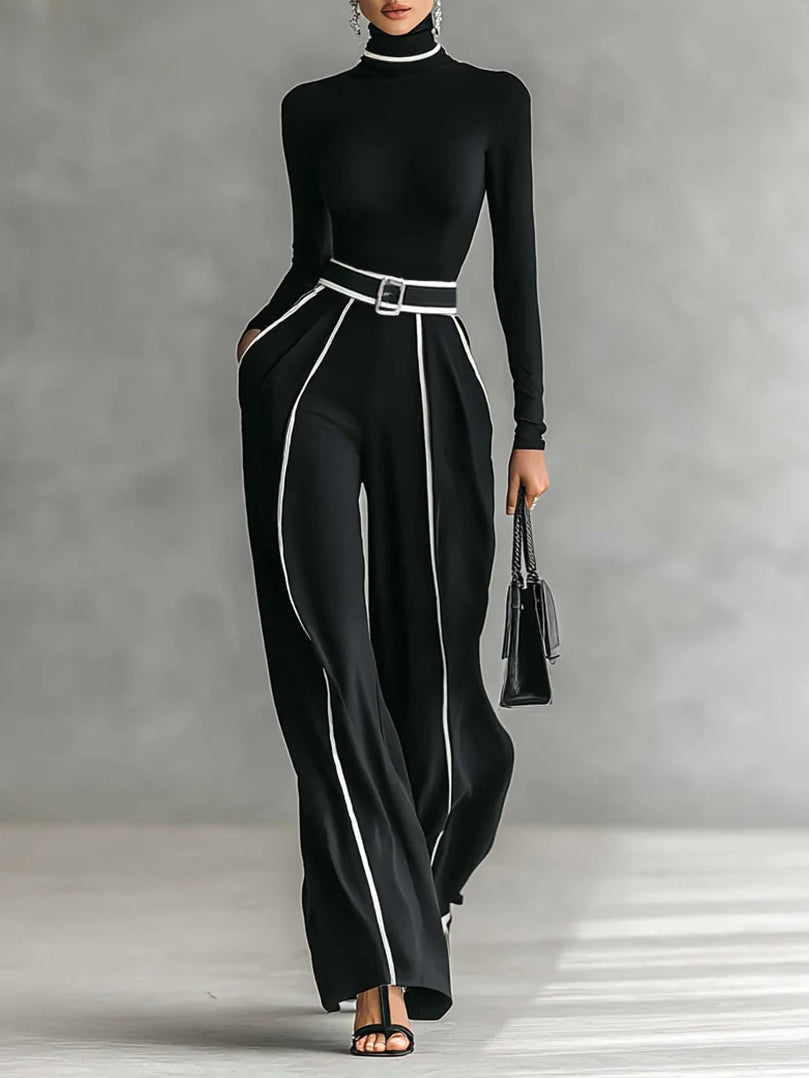 White Trim High-neck Long-sleeved Top With Wide-leg Pants and Belt Set-thevervian