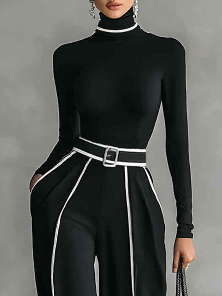 White Trim High-neck Long-sleeved Top With Wide-leg Pants and Belt Set-thevervian