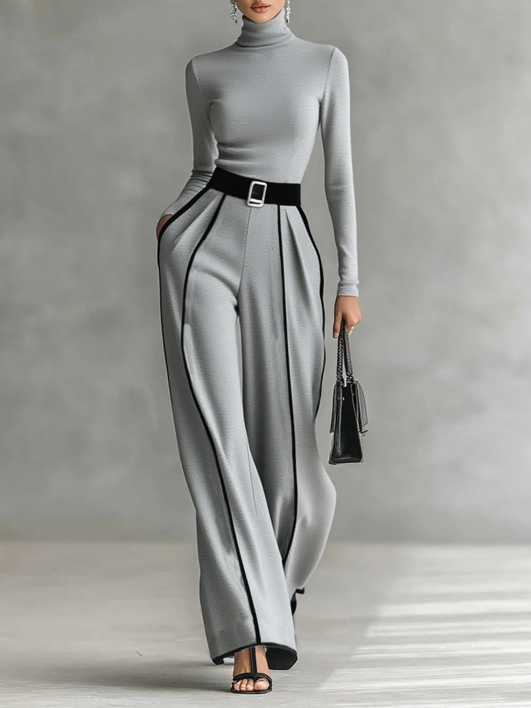 White Trim High-neck Long-sleeved Top With Wide-leg Pants and Belt Set-thevervian