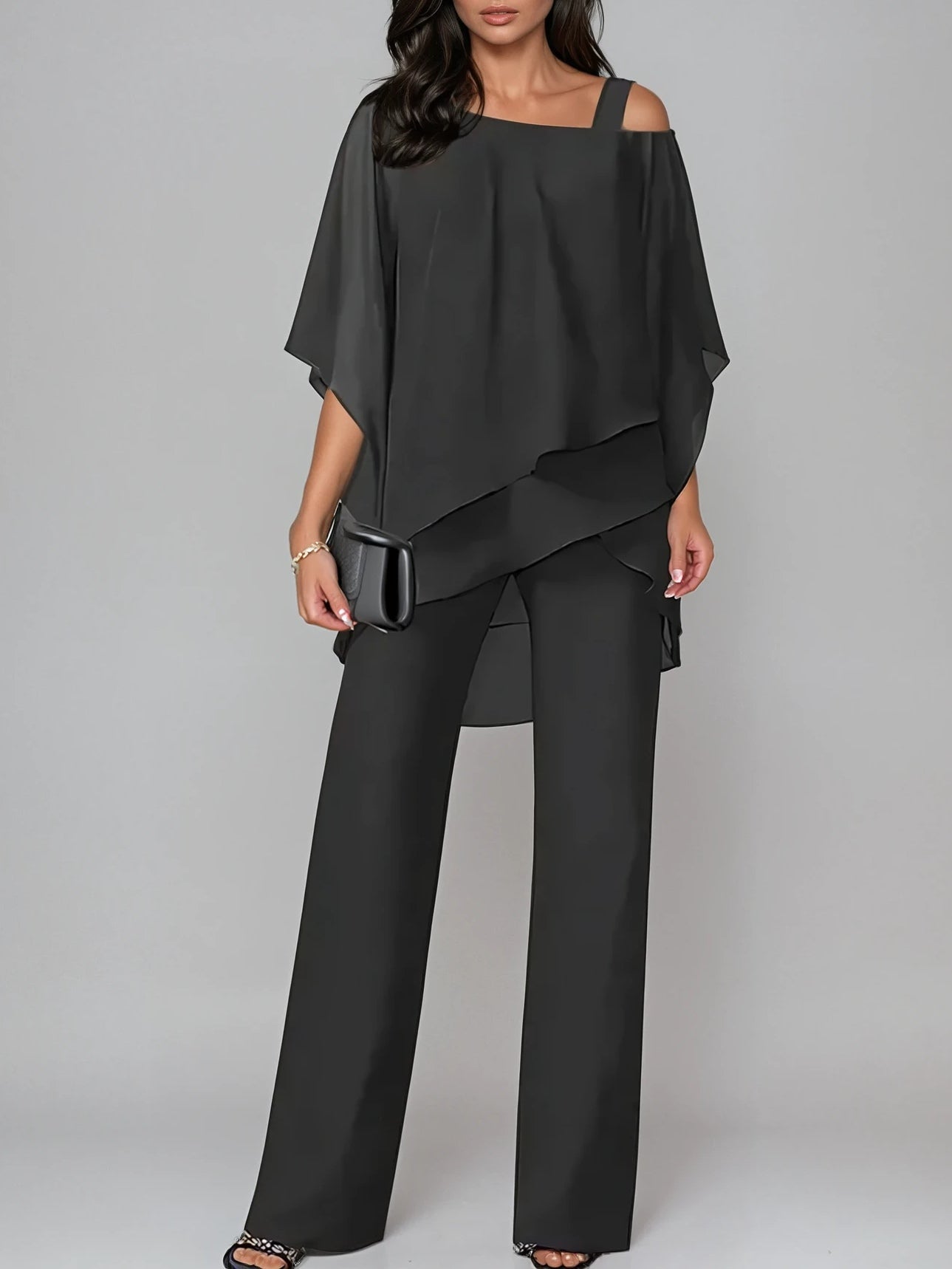 Off-the-shoulder Irregular Chiffon Suit-thevervian